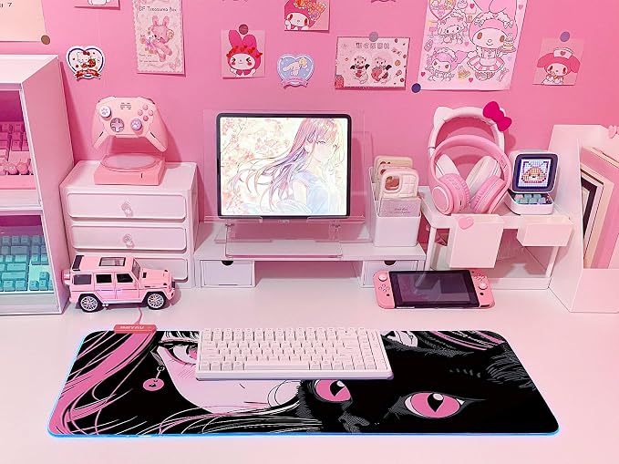 JMIYAV Pink RGB Gaming Mouse Pad 31.5x12 Inch PC XL Large Extended Glowing Led Light Up Desk Pad Non-Slip Rubber Base Computer Cute Mousepad Mat Desk Accessories Gaming Setup Punk Heart