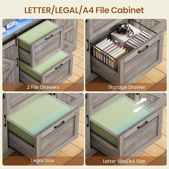 SEDETA 47.2" File Cabinet, 2 Drawers Filing Cabinets for Home Office fit Legal/Letter/A4 File, Farmhouse File Cabinet with Barn Door & Power Outlets, Printer Stand with Storage & LED Lights, Grey