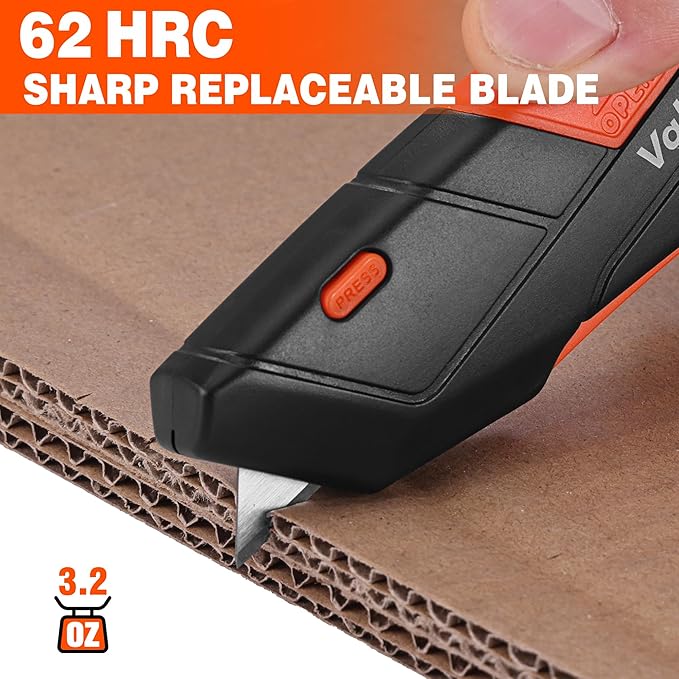 ValueMax 2-Pack Box Cutter Knife, Cardboard Cutter with Self-Retracting 3-Position Locking Blade, Safety Sheath, Lanyard, Extra 18 Blades Included, Blade Storage Design