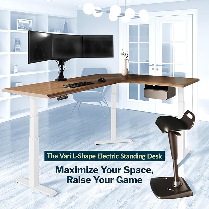 Vari ComfortEdge 80x60 L-Shape Electric Standing Desk – Height Adjustable Sit-Stand VariDesk for Corner Office with Reversible Left/Right Design + Walnut/White Legs (Ships in 3 Boxes)