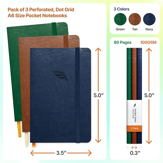 Roterunner A6 Pocket Notebook (Bold Classic) 3 Pack 3.5x5.5 Dotted Mini Notebook Journal 100Gsm Perforated Paper, Work Gym Travel Journal Notebook, Leather Small Notebook Numbered with Notes Index