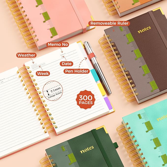XYark A5 Hardcover Spiral Notebook, 6.3"x8.5" College Ruled Notebooks with Removable Dividers Tabs & Ruler, 5 Subject Notebook 300 Pages, Small Lined Journal for Women Men School Work Office, Brown