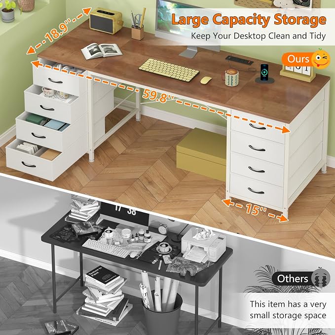 60 Inch Computer Desk with 8 Drawers for Home Office, Bedroom, Living Room | Home Office Desk with Power Outlets, Work Study Gaming Desk with 8 Fabric Drawers, Brown & White