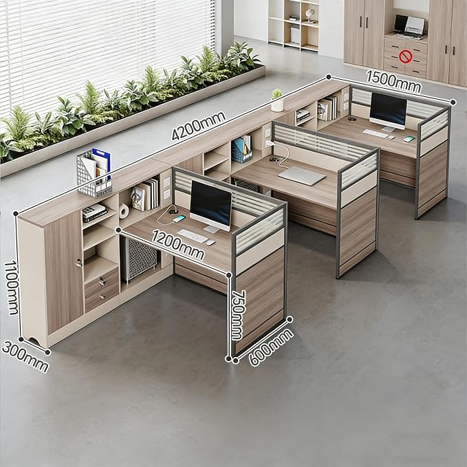 Modern Office Workstation Desk with Side Storage Cabinet, Tempered Glass Privacy Panels, USB Charging Hub & Cable Management, Modular Cubicle Desk for Office Work (A - Left, 3P)
