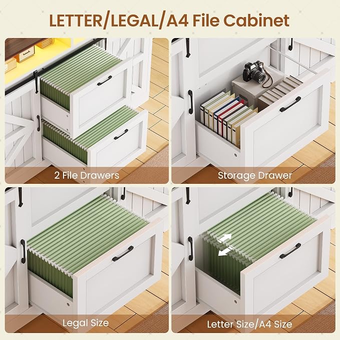 SEDETA 47.2" File Cabinet, 2 Drawers Filing Cabinets for Home Office fit Legal/Letter/A4 File, Farmhouse File Cabinet with Barn Door & Power Outlets, Printer Stand with Storage & LED Lights, White