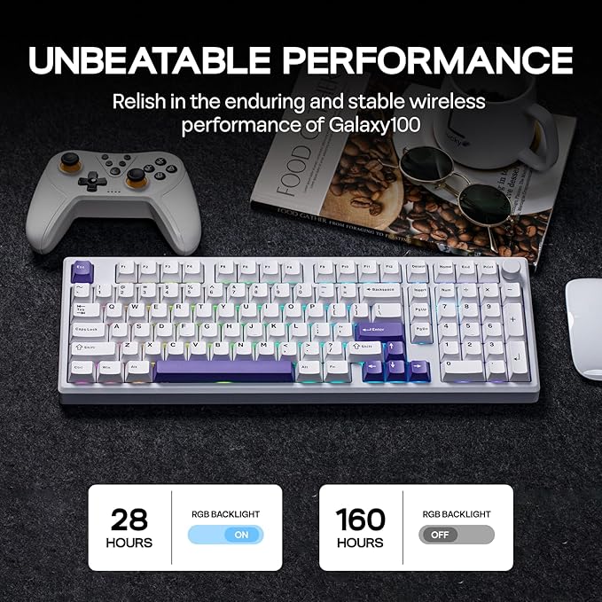 EPOMAKER Galaxy100 QMK/VIA Wireless Gaming Keyboard, Aluminum Shell, BT/2.4Ghz/USB-C, Pre-Lubed Hot-Swappable Linear Switches, NKRO, RGB Backlit (White Purple, Marble White Switch)