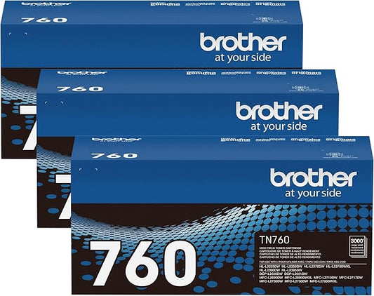 Brother Genuine TN760 High Yield Black Toner Cartridge, (for use with MFC-L2710DW MFC-L2750DW -L2350DW HL-L2370DW -L2395DW HL-L2390DW DCP-L2550DW Printers) (Pack of 3)