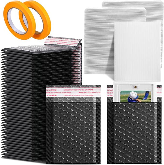 302 Pcs Trading Card Shipping Protector Set Include 200 Precut Plastic Inserts Card Mailers 100 Poly Bubble Mailers Padded Envelopes and 2 Masking Tape (Black,5.5 x 6.3 Inch)