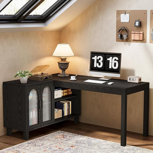 Tribesigns L-Shaped Desk with File Cabinet, 59-Inch Executive Office Desk with Storage Shelves, Wooden Study Writing Desk Farmhouse Corner Computer Desk for Home Office, Black