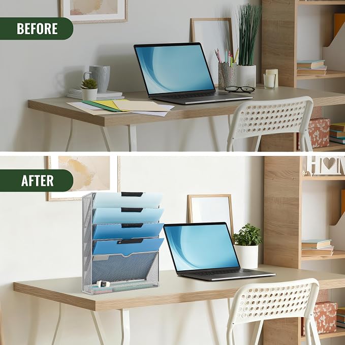 6 Tier Mesh Hanging Wall File Organizer, Desk Vertical Mail Paper Document Folder Holder Rack with Bottom Tray and Nametag Label for Office Home School, Gray