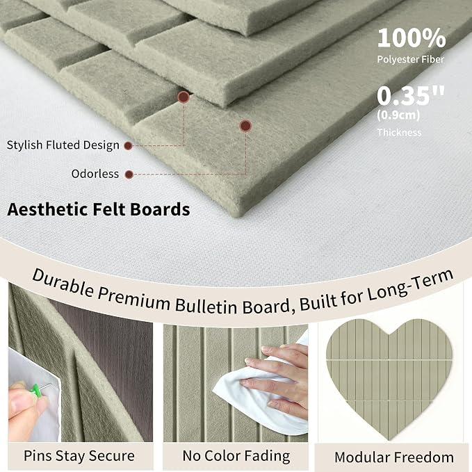 Heart-Shaped Felt Bulletin Board 29"x29", 6 Felt Tiles with, Green | Photo Display Memo Board for Office Home, Felt Pin Board with Adhesive Tiles and Pins for Notes, Photos and Artwork