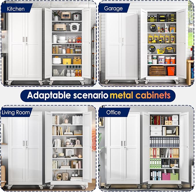 erosoei 75" H Metal Garage Storage Cabinet, Rolling Tool Cabinet with 2 Doors and Wheels, Locker Steel Cabinet with 5 Adjustable Shelves, Organization Cabinet for Garage,Office,Home,Gym,School（White）