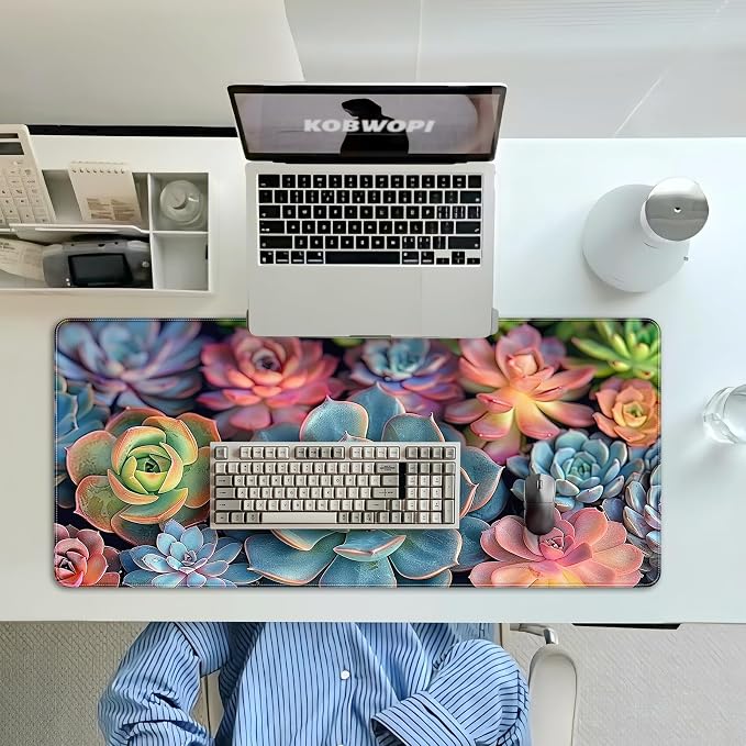 35.4 x 15.7 in, XXL Large Mouse Pad for Desk, Extended Keyboard Mouse Mat for Computer Office, Big Mouse pad with Stitched Edges, Gaming Pc-Colorful Succulent