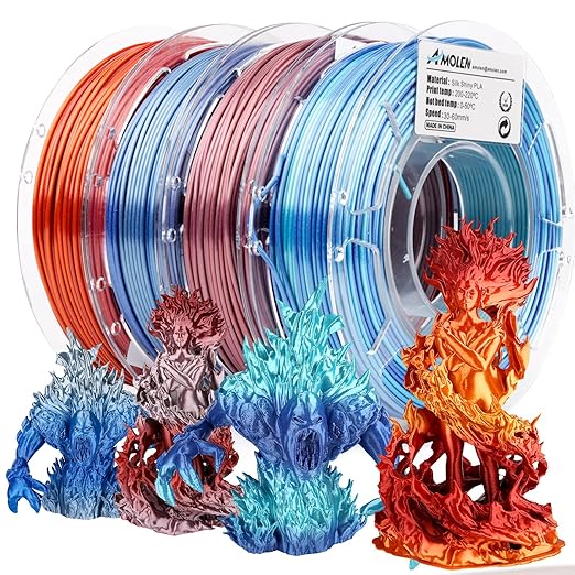 AMOLEN Silk PLA Bundle, 3D Printer Silk Gradient 1.75mm Silk Shiny Filament Bundle Red Gold,Blue Silver, Red Silver,Blue Green, 3D PLA Sets, 200gX 4 Spools