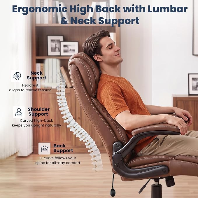 Ergonomic Office Chair, High Back Leather Executive Desk Chair | Inflatable Lumbar Support, Padded Arms for Elbow Comfort, Heavy-Duty Rocking Chair for All-Day Sitting, Plush Wide Seat Brown