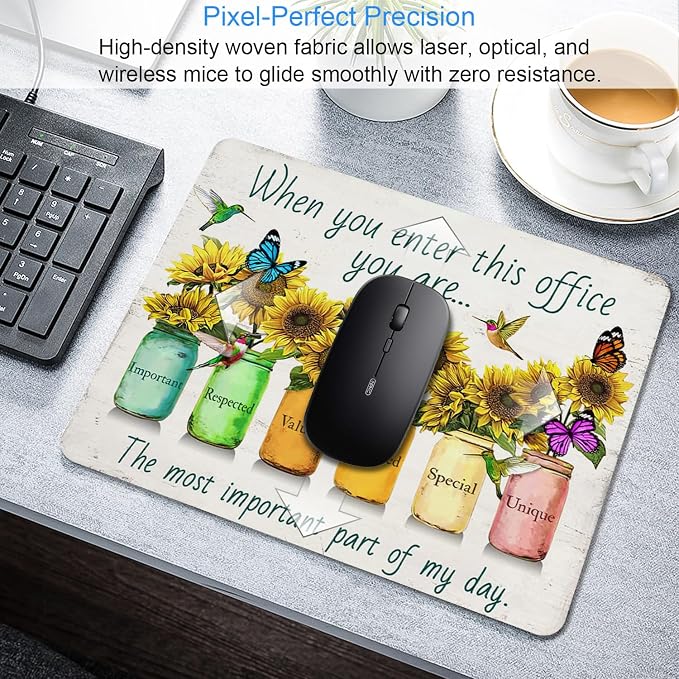 Sunflower Office Quotes Mouse Pad, 9.5"x7.9" Non-Slip Mousepad | Personalized printed square mousepad with inspiring quotes. Clean-cut flush edges & premium smooth cloth for working decor.