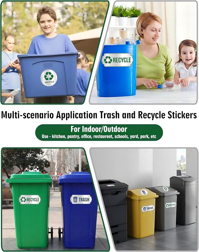 Recycle Stickers for Trash Bins 4Pcs, Waterproof Trash and Recycle Stickers | Self-Adhesive Sticker for Home, Office, Hotel, Apartment, School, Recycling Signs for Indoor/Outdoor Garbage Can