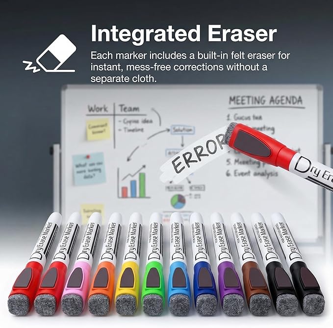 Volcanics Magnetic Dry Wipe Pens Dry Erase Markers With Eraser Cap Low Odor Fine Tip Whiteboard Pens Pack of 12,10 Colors