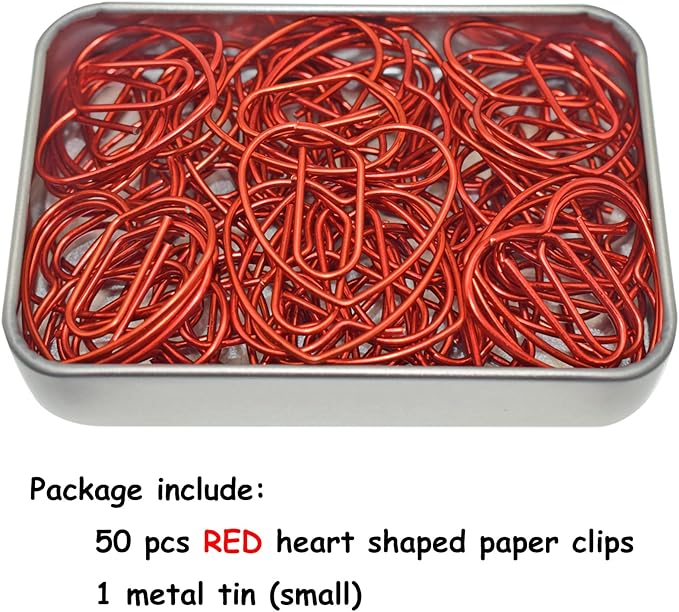 Heart Paper Clips with Metal Paper Clips Holder, Cute Love Heart Paperclips, Wedding Invitation Accessories (Red,50 PCS)