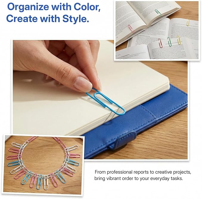 Paper Clips, Assorted Sizes (1.3 & 2 Inch), Colored, 400PCS | Vinyl Coated, Rust Proof, Jumbo & Small Paperclips, Storage Box Included