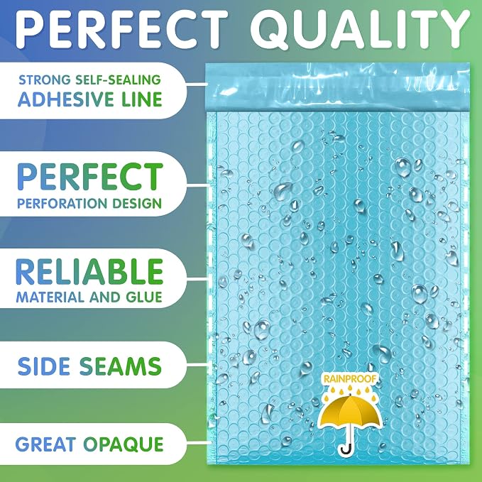 Poly Bubble Mailers, 8.5 x 12 Inch Light Blue Padded Mailers, Self Seal Shipping Envelopes, Lightweight Poly Mailer Bags, Waterproof Mailing Bags, Pack of 200