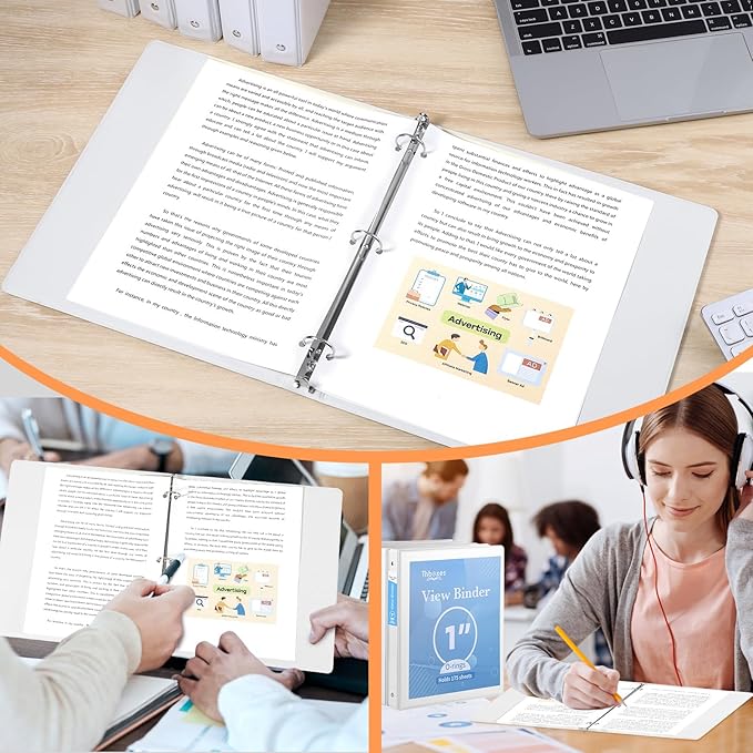 3 Ring Binder, 6 Pack 1 Inch Binder with 2 Interior Pockets & Clear View Overlay, Large Capacity, 1 Inch Binders 3 Ring, Round Ring Binders for Office, School, Home (White)