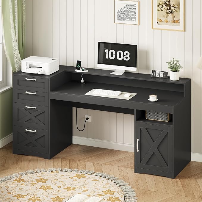 63" Black Computer Desk with 4 Drawers & Outlets for Home Office, Bedroom | Executive Desk with Printer Stand, Monitor Stand, Home Office Desks with Power Outlets, Storage Shelves, Black