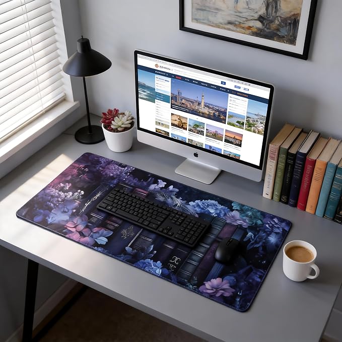 Floral Aesthetic Book Gaming Mouse Pad, Purple Dark Romanticism Desk Mat with Anti-Slip Base & Stitched Edges, Office Supplies & Desk Decor for Women, 35.4" x 15.7" in Home Office Essentials