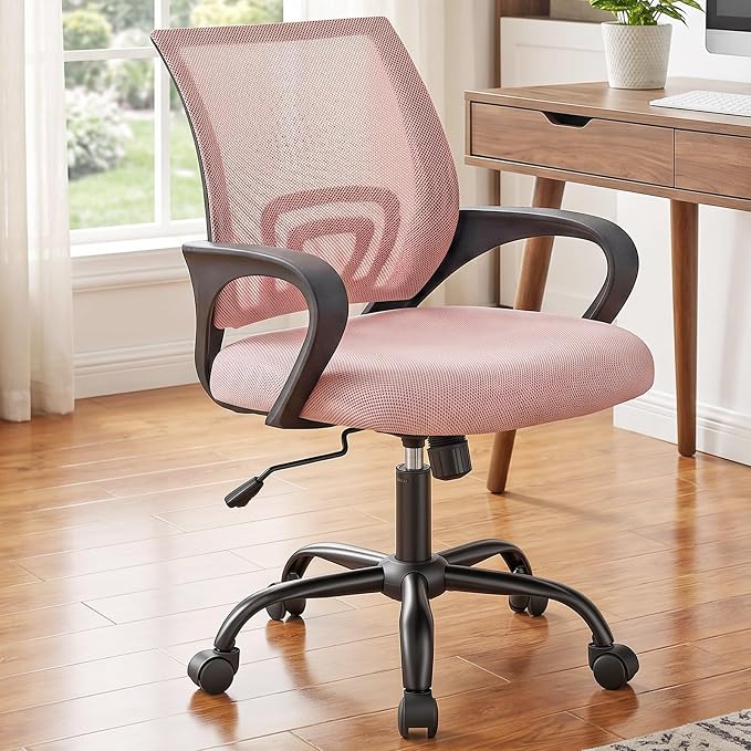 DUMOS Ergonomic Office Chair, Executive Desk Chair with Lumbar Support | Mid Back, Breathable Backrest, Fixed Armrest, Height Adjustable, 360° Swivel, Computer Gaming, Meeting, Pink