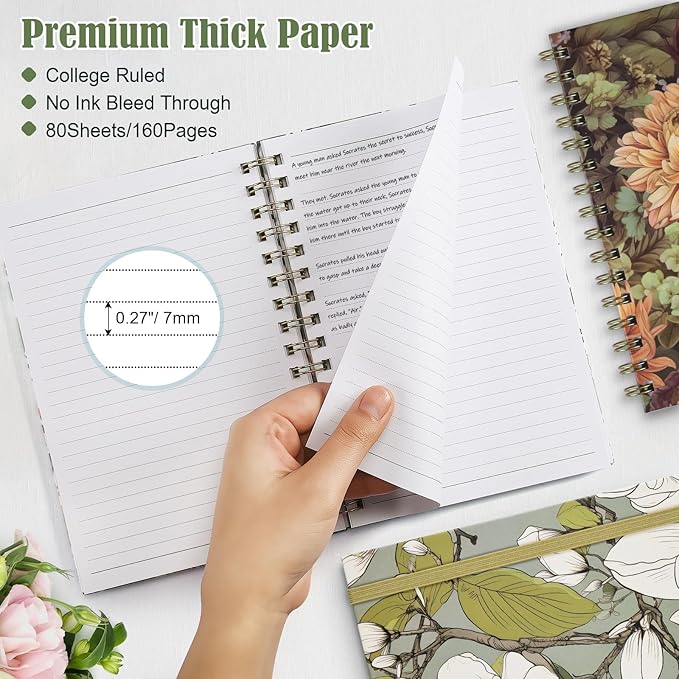 Spiral Notebook, A5 Lined Journal for Women, Hardcover Spiral Journal with 2 Pockets, College Ruled Notebooks, Cute Notebook for Office, School Supplies, Gifts (160 Pages, 6.3" x 8.46", Plum Bossom)