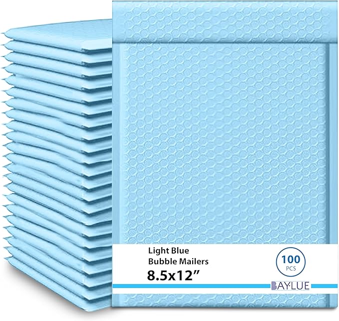 Light Blue 8.5x12 Inch Poly Bubble Mailers #2 | Self Seal Large Padded Envelopes | Air Cushioned Bubble Mailer | Usable Size 8.5x11 | Waterproof Lightweight Mailing Shipping Bags | 100 Pack Bulk