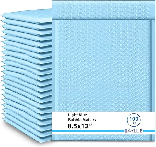 Light Blue 8.5x12 Inch Poly Bubble Mailers #2 | Self Seal Large Padded Envelopes | Air Cushioned Bubble Mailer | Usable Size 8.5x11 | Waterproof Lightweight Mailing Shipping Bags | 100 Pack Bulk