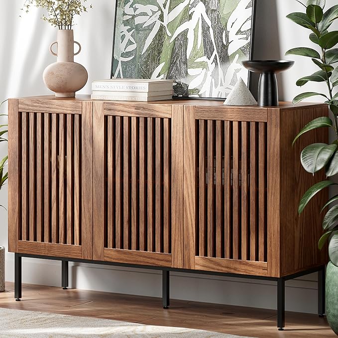 BVIUNTWO Buffet Cabinet, Modern Credenza Storage Cabinet with Adjustable Shelves and Metal Base, 47 Inch Wood Multifunctional Console Table for Kitchen, Living Room, Entryway, Brown