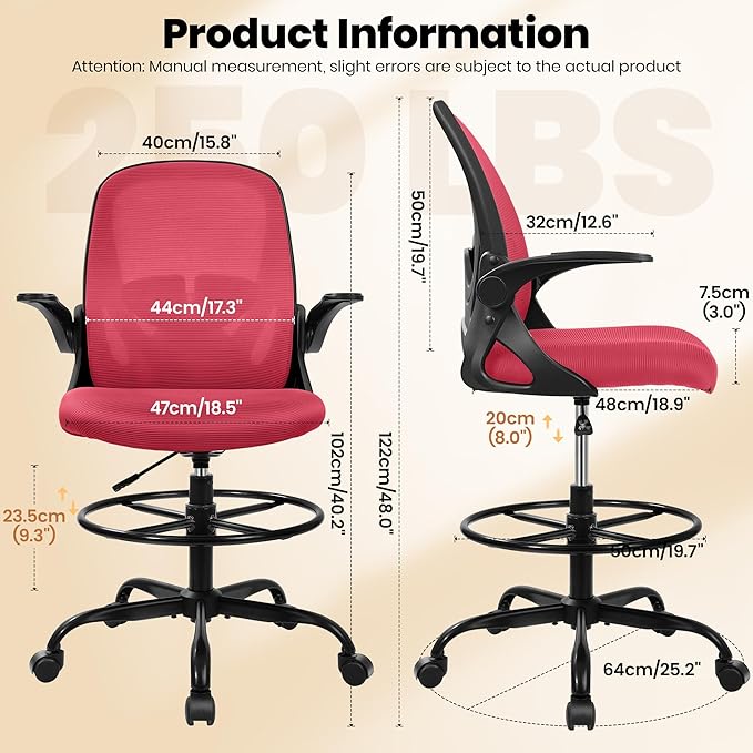Drafting Chair Tall Office Chair with Flip-up Armrests Executive Ergonomic Computer Standing Desk Chair with Lumbar Support and Adjustable Footrest Ring (Fire Brick)