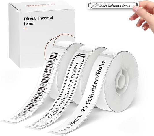 NIIMBOT D11 Label Maker Tape D110 Labels 3Rolls, Self-Adhesive Labeling Tape Replacement 0.47" X 2.95" (12 X 75mm) Thermal Label Refills for Home Office School, 285 Labels/3Rolls, White