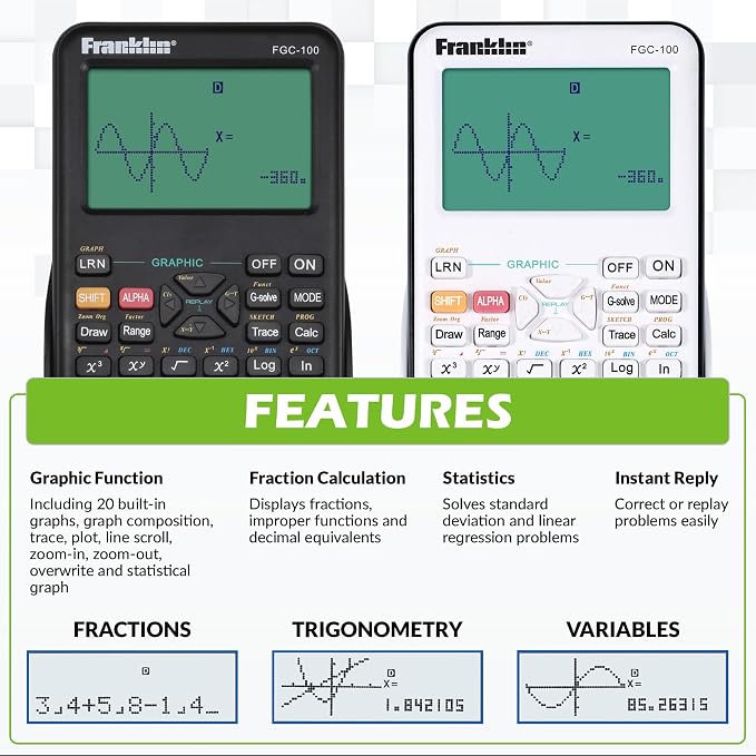 Franklin Scientific Graphing Calculator with 3 Operating Modes - Scientific Calculator Includes 20 Built-in graphs - Ideal for Beginner and Advanced Courses with Protective Cover - Black