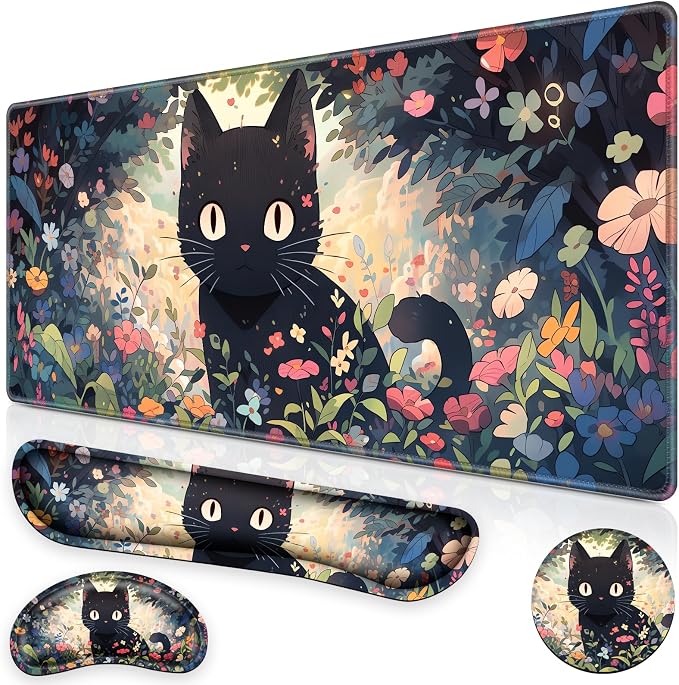 Canjoy Desk Mat with Wrist Rest, Desk Pad for Keyboard and Mouse 4-in-1 Kawaii Anime Mouse Pad + Keyboard Wrist Rest Support+ Coaster(35.4×15.7 in) Memory Foam Non-Slip Desk Mat for Home Office