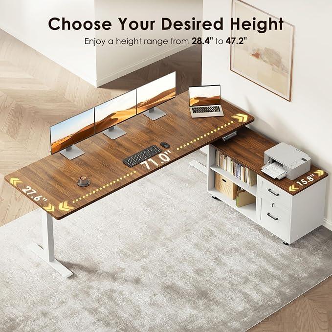 71" L Shaped Electric Standing Desk with Cabinet Sets, Walnut/White | Mobile Drawers & File Cabinet Sets for Flexible Layout, Height Adjustable Executive Stand Up Desk for Home Office Workstation