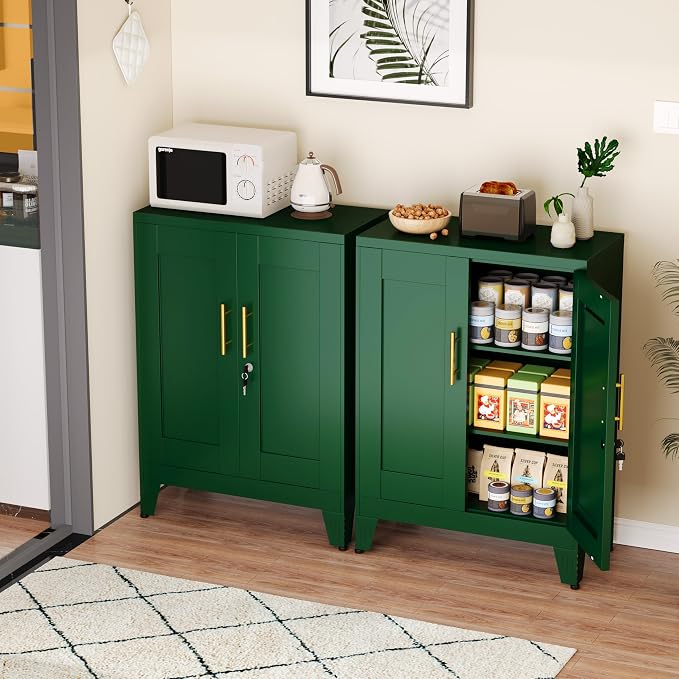 GAIOUS Metal Pantry Cabinet (Two Units), Sideboard Buffet Storage Cabient | with Doors and 2 Adjustable Shelves, Multifunctional Green Kitchen Cupboard for Home Office, Accent Furniture, Buffet Table