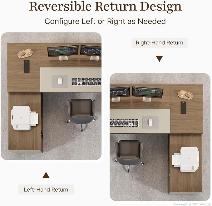 95" Reversible L-Shaped Executive Desk with Drawers – Luxury Office Desk with Open Shelves, LED Lighting, Built-in Outlet & USB Ports for Home, Office, Corporate, School (Black Walnut & Khaki)