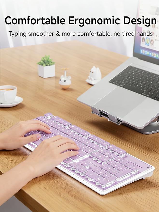 EWEADN GX710S Backlit Computer Keyboards, Wired USB Keyboard with White Backlit, Metal Panel, Plug and Play, Pudding Keycaps Full Size Quite Computer Keyboard for Win/PC/Laptop-Purple