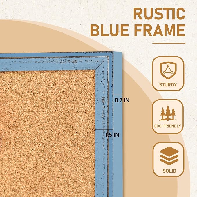 DOLLAR BOSS Cork Board, 24" X 18" Rustic Framed Bulletin Board, Blue | Decorative Pin Board, Wall Hanging Notice Board, For Office & Home Decor Memo Display, With Pins