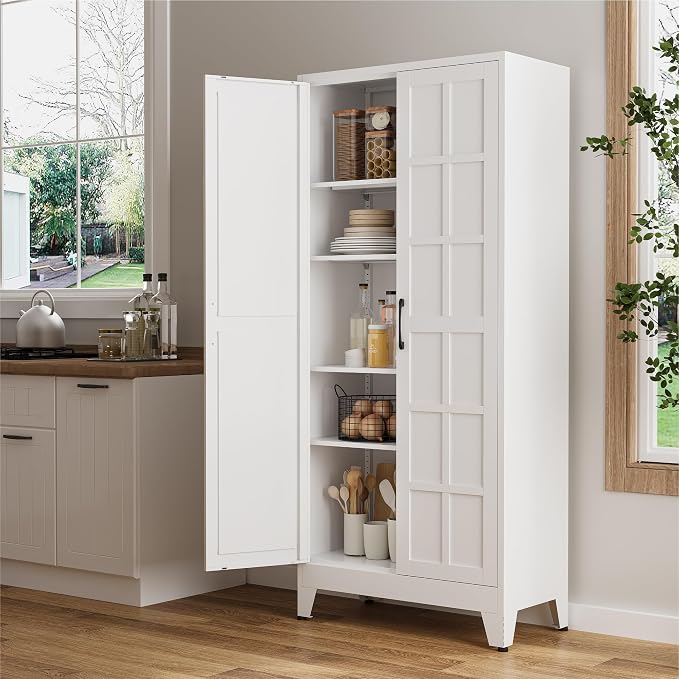 COFaR 71" White Farmhouse Pantry Cabinet with Doors and Adjustable Shelves | 5-tier kitchen pantry cabinet with square-panel doors and 4 adjustable shelves for laundry room, office or garage storage.