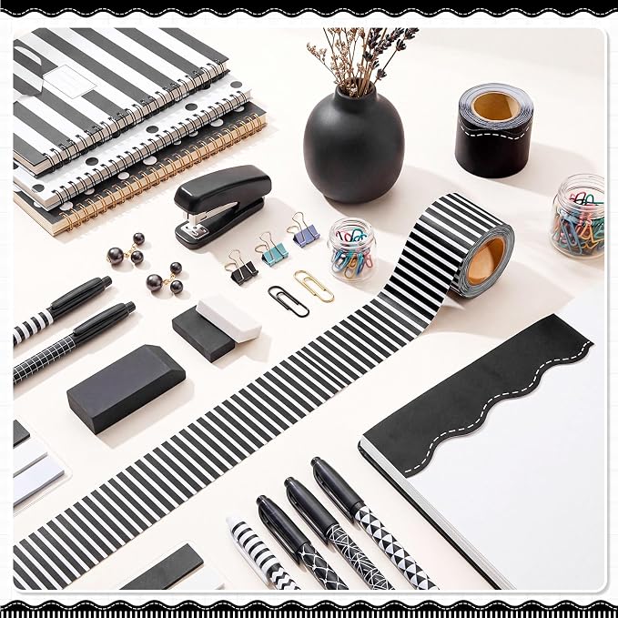 2 Rolls 65.6ft Black Striped Bulletin Board Borders Decoration Scalloped and Straight Edge Black Bulletin Borders Board Trim for Office School Classroom Chalkboard Party Decoration