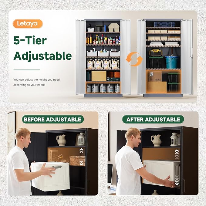 Metal Storage Cabinet with Lock Door, 71" Adjustable Shelf Steel Lockers for Office, Home,School,Garage Utility Tool Cabinet (2 Door-White&Gray)