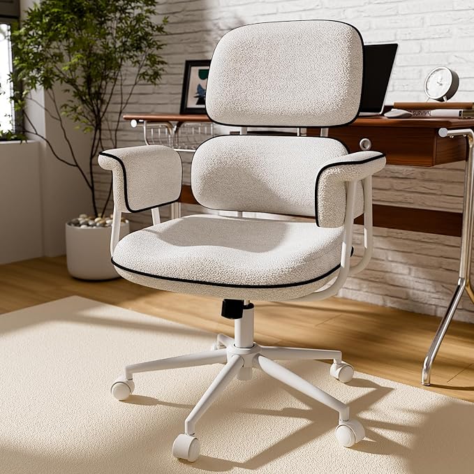 White Office Chair, Memory Foam Seat Mid Century Modern Desk Chair | 3.9" Sloped U-Shaped Memory Foam Cushion, Granular Linen Fabric, Lumbar Support, 1.2mm Sturdy Metal Tube, 400LBS Capacity