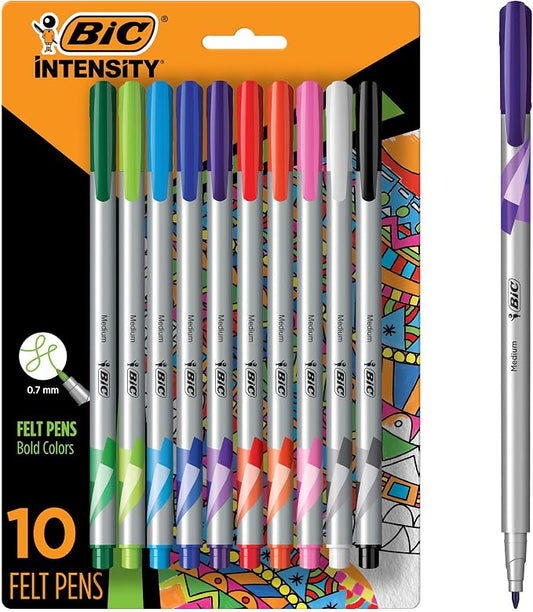 BIC Intensity Fineliner Marker Pens, Medium Point (0.7mm), 10-Count | Smooth Application, Non-Toxic, Water Based Ink, Assorted Colors for Creative Projects, Sturdy Metal Nib for Durability