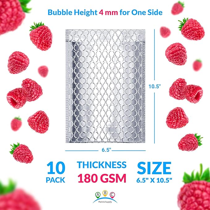 ABC PACK & SUPPLY Thermal Bubble Mailer, 6.5 x 10.5 Inch Metallic Foil Insulated Envelopes, 10 Pack Self Seal Waterproof Shipping Mailers