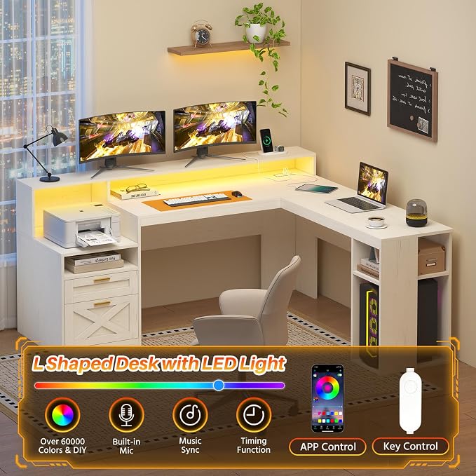 63" Farmhouse L Shaped Desk with Drawers & Storage Shelves for Home Office | Corner Desk with Power Outlets & LED Lights, L-Shaped Office Desks with File Drawer, Printer Shelf, Monitor Stand, White