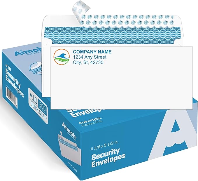 Aimoh 500 Custom Printed #10 Security Self Seal Business Envelopes -Personalized with Logo &Address Customization |Letter Size 4⅛ x 9½, White, 24LB, 500 Count (7-34010-500)
